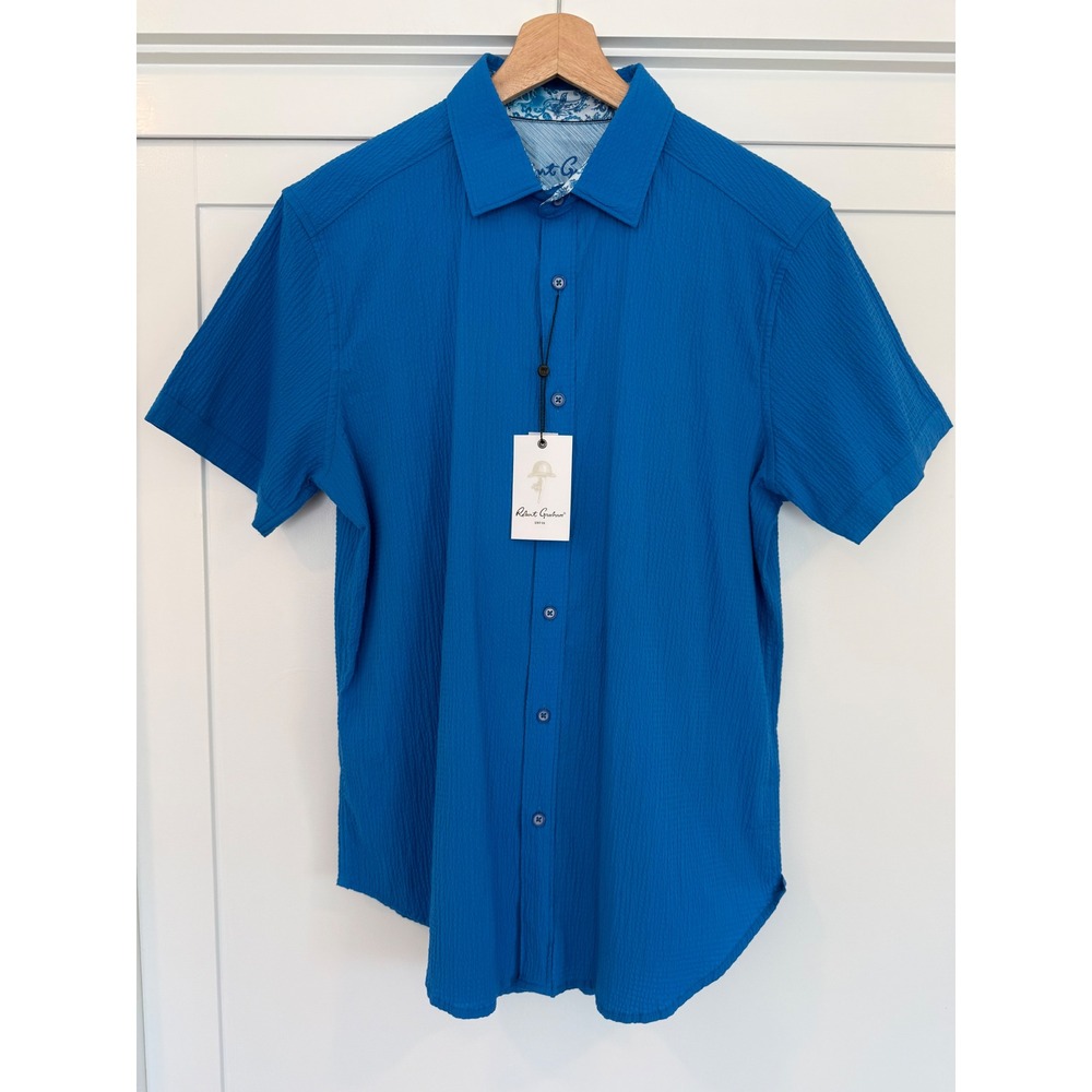 Robert Graham Thresher Cobalt Blue Seersucker Short Sleeve Shirt Mens Medium NWT